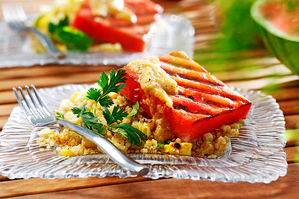 Grilled Watermelon Quinoa Salad with Peach Dressing Recipe